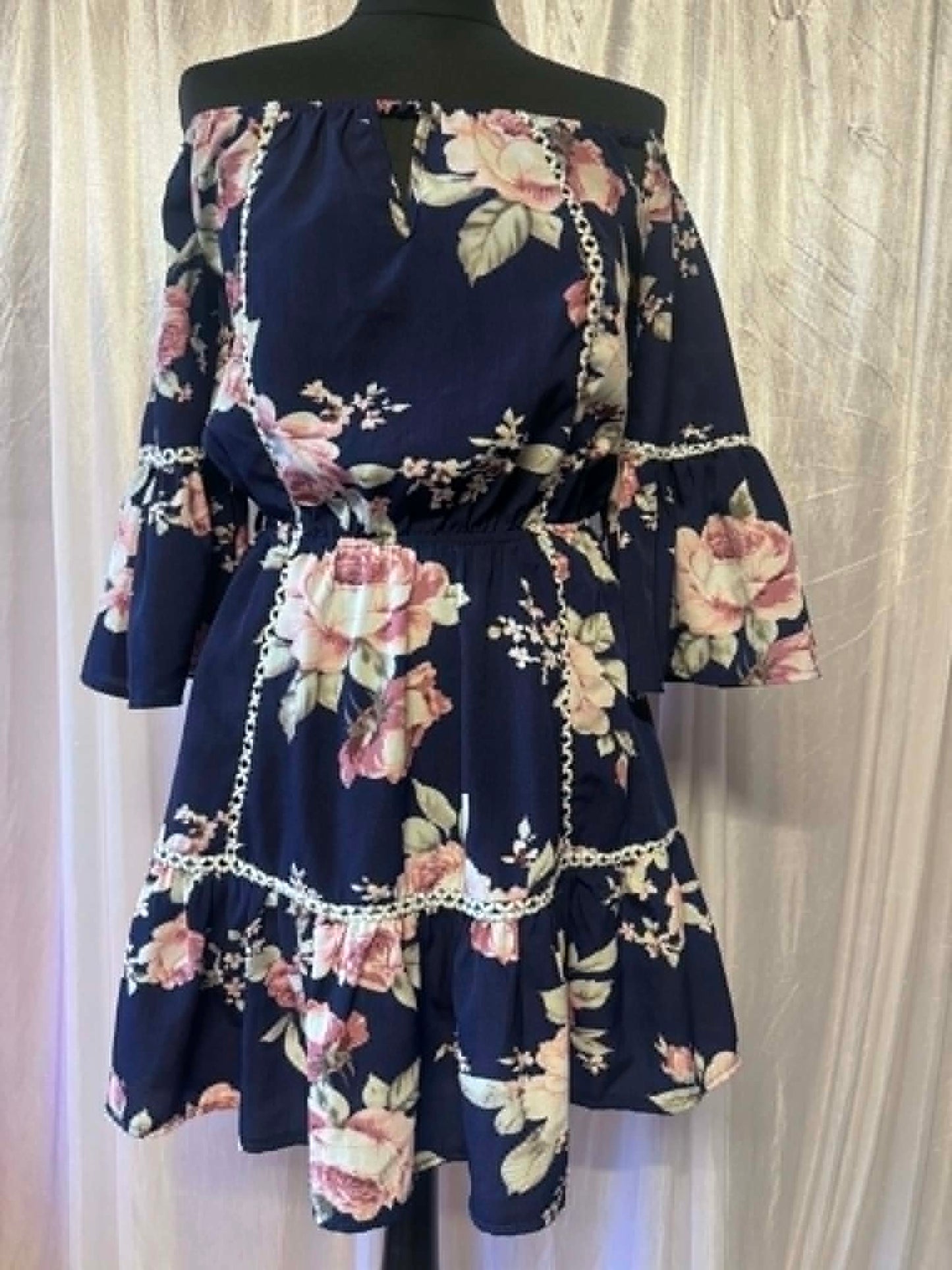 Parisian Navy Floral Bardot Skater Dress – Size 10
