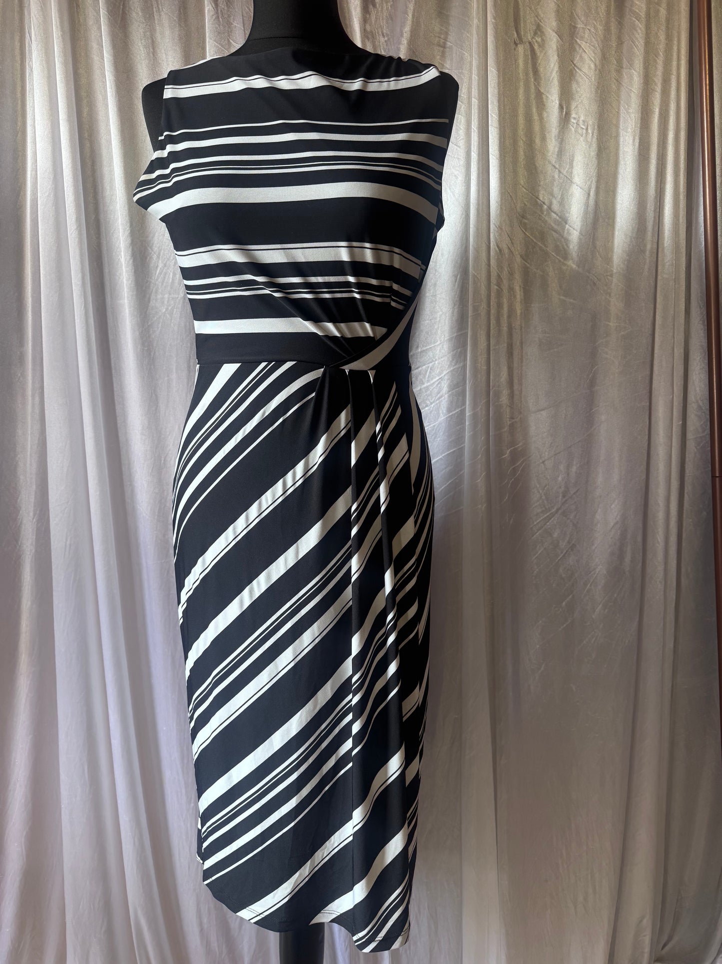 M&Co Black & White Striped Twist Waist Midi Dress – Size 10