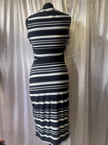 M&Co Black & White Striped Twist Waist Midi Dress – Size 10