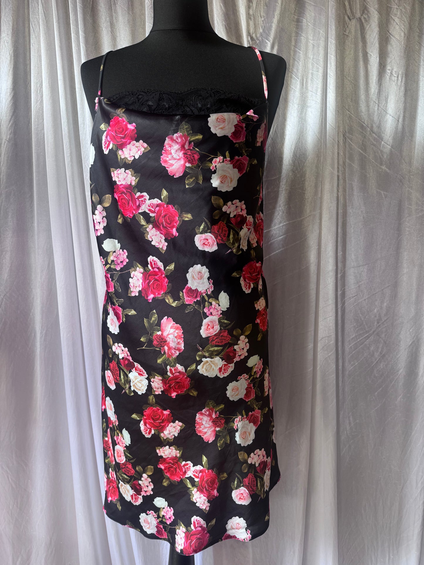 Next Black Floral Satin Slip Dress – Size 16